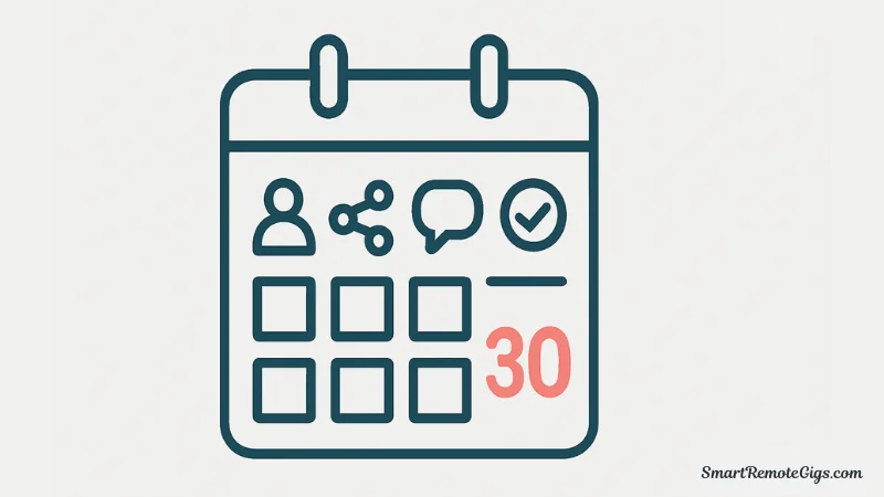 A 30-day calendar graphic showing a four-week action plan for getting freelance clients on LinkedIn, broken into key weekly tasks.