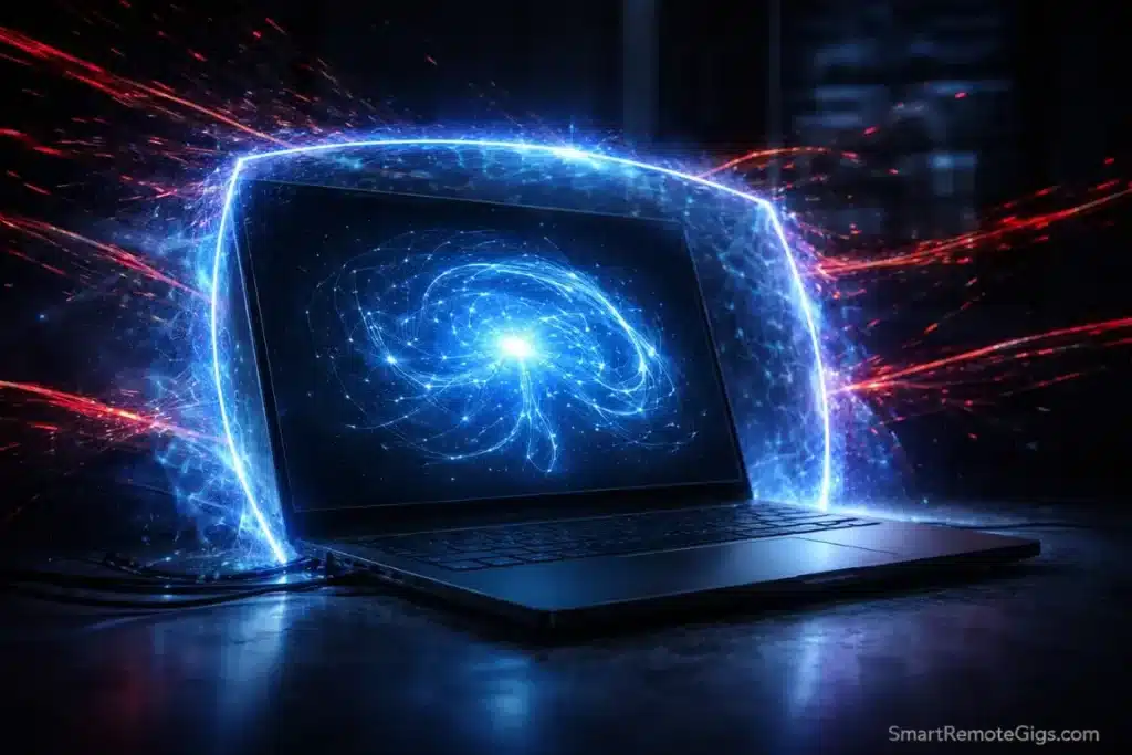 A laptop with a contained AI energy field representing local, private artificial intelligence.