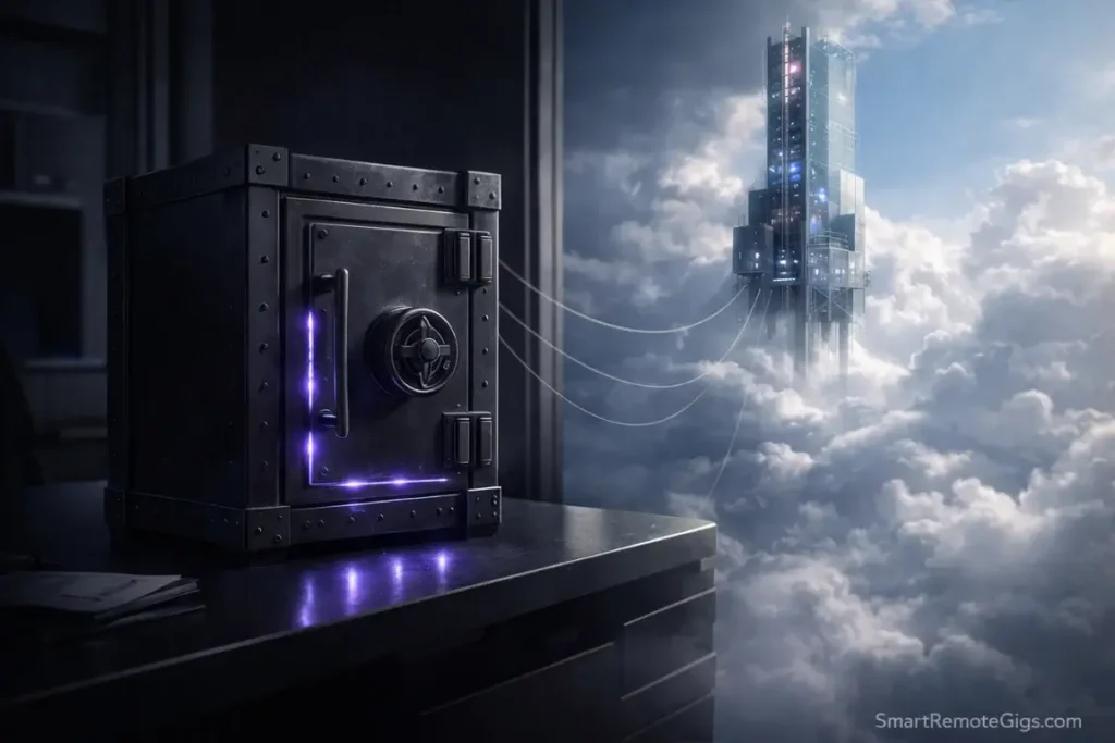 An armored safe representing local storage compared to a distant glass tower representing cloud storage.