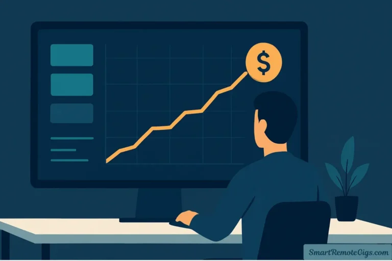 An illustration of a professional remote worker looking at a digital dashboard with a financial chart trending upwards towards a highlighted '$1000' goal.