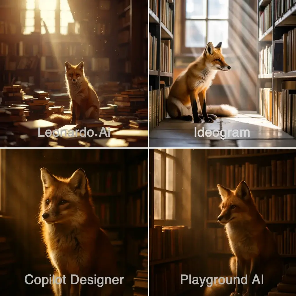 Head-to-head comparison of free Midjourney alternatives, showing an AI-generated image of a red fox in a library from Leonardo.Ai, Ideogram, and Copilot Designer.