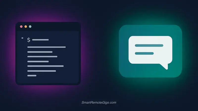 A graphic comparing Midjourney's complex Discord interface with DALL-E 3's simple chat interface.