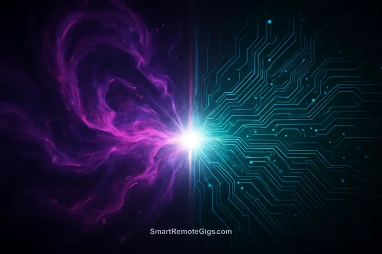 An abstract image showing artistic purple energy clashing with precise teal circuits, symbolizing the comparison between Midjourney and DALL-E 3.
