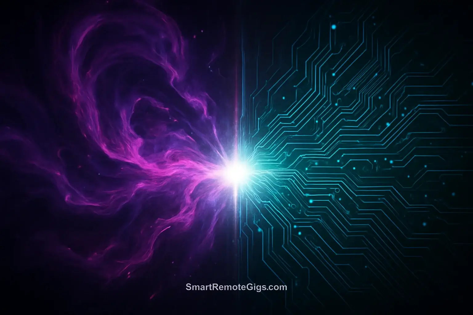 An abstract image showing artistic purple energy clashing with precise teal circuits, symbolizing the comparison between Midjourney and DALL-E 3.