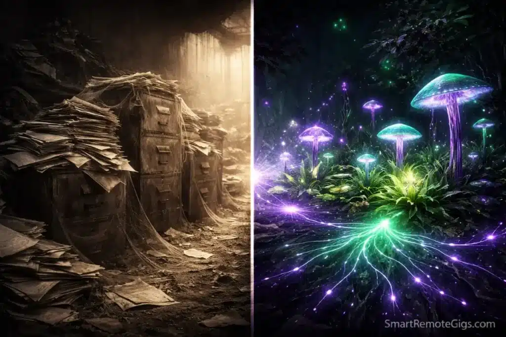 A dusty pile of papers contrasted with a glowing digital garden.