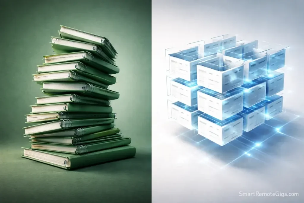 An unstable stack of notebooks contrasted with a structured digital database grid.