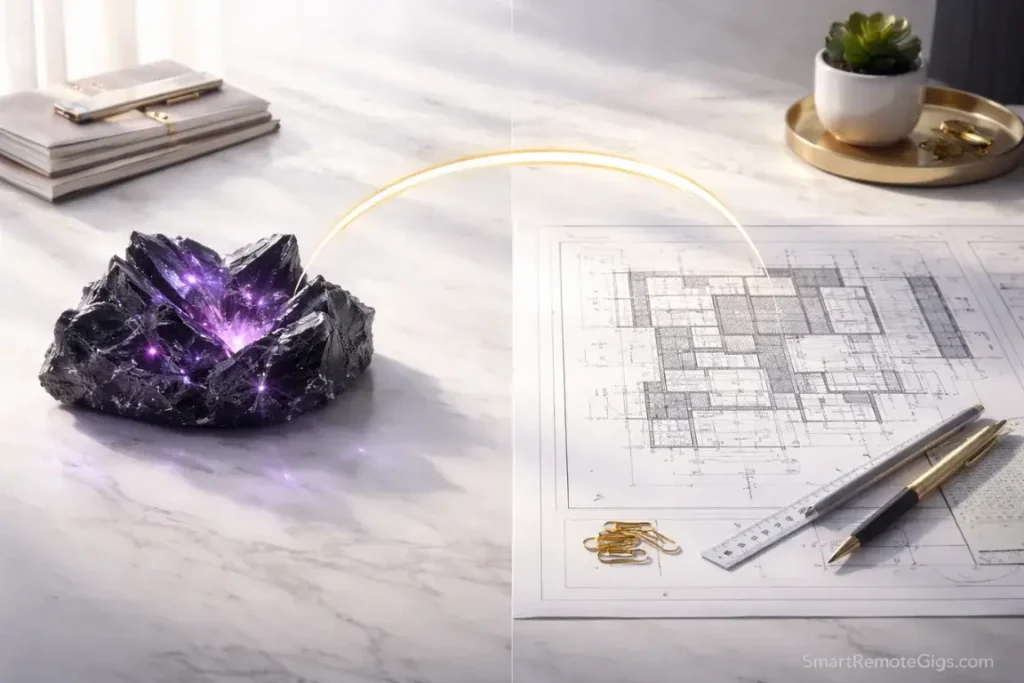 A raw obsidian crystal connected to a white architectural blueprint, symbolizing a hybrid workflow.