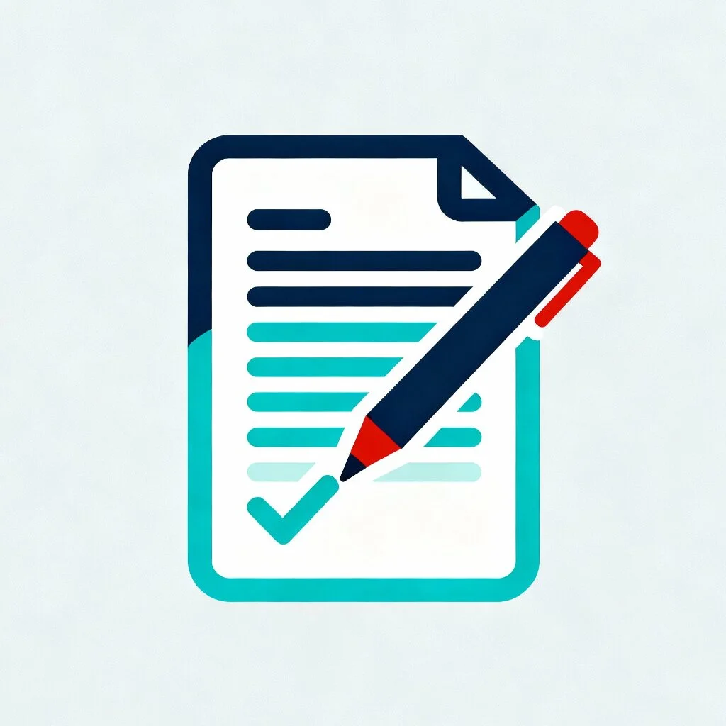 A minimalist icon of a document with a red pen making a checkmark, representing proofreading.