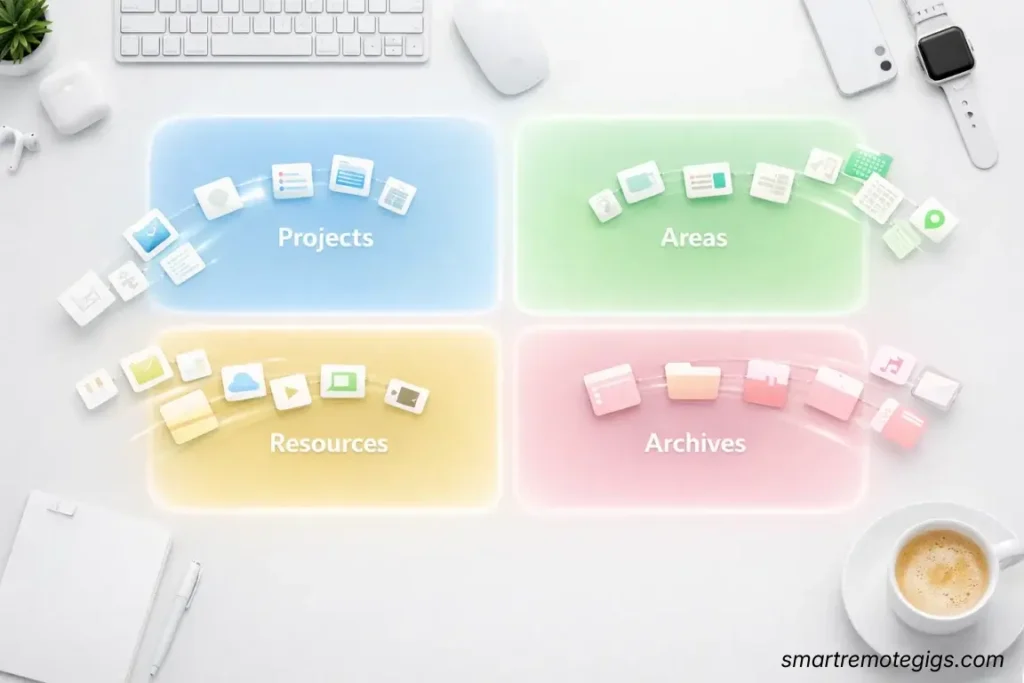 A digital workspace organizing files into four distinct zones representing the P.A.R.A. method.