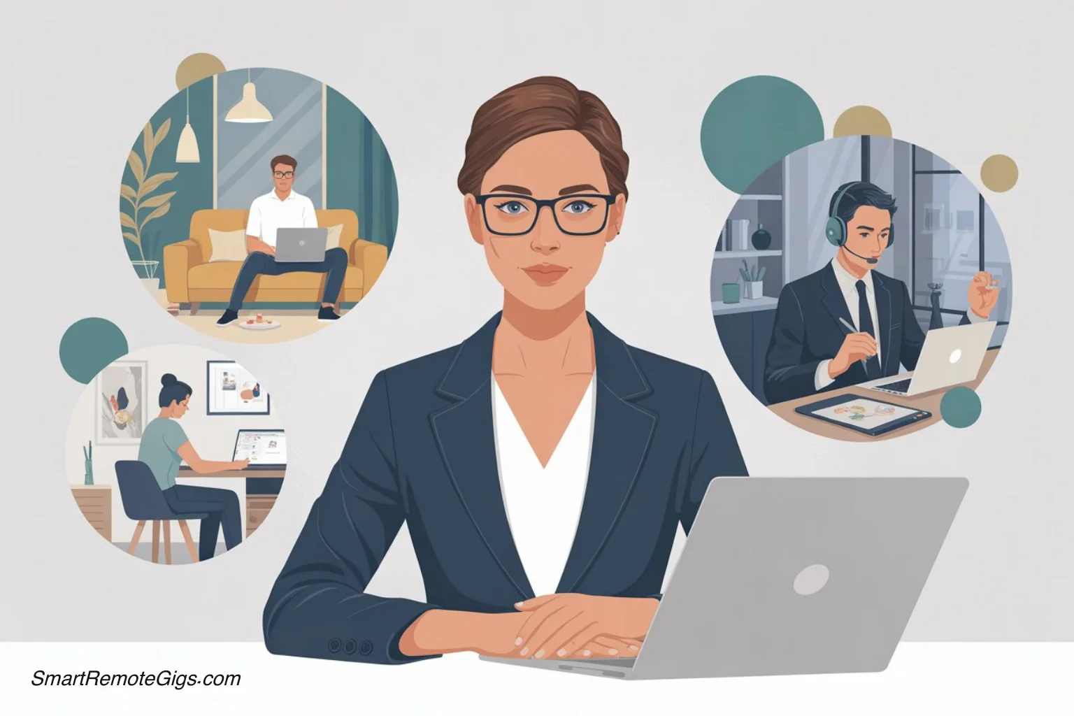 An illustration of a professional woman at a clean home office desk, with circular windows showing other diverse professionals working remotely in different settings, representing the flexibility of part-time remote jobs.