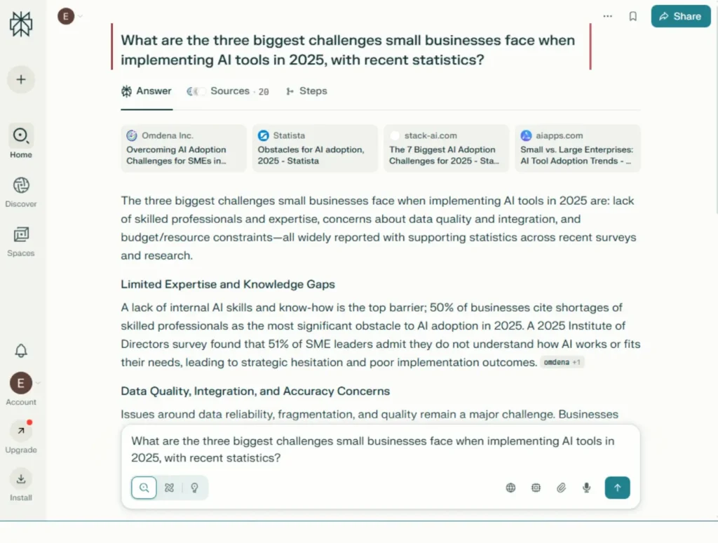 Screenshot of the Perplexity AI interface showing a cited answer to a business research prompt, demonstrating its capability as a free ChatGPT alternative.