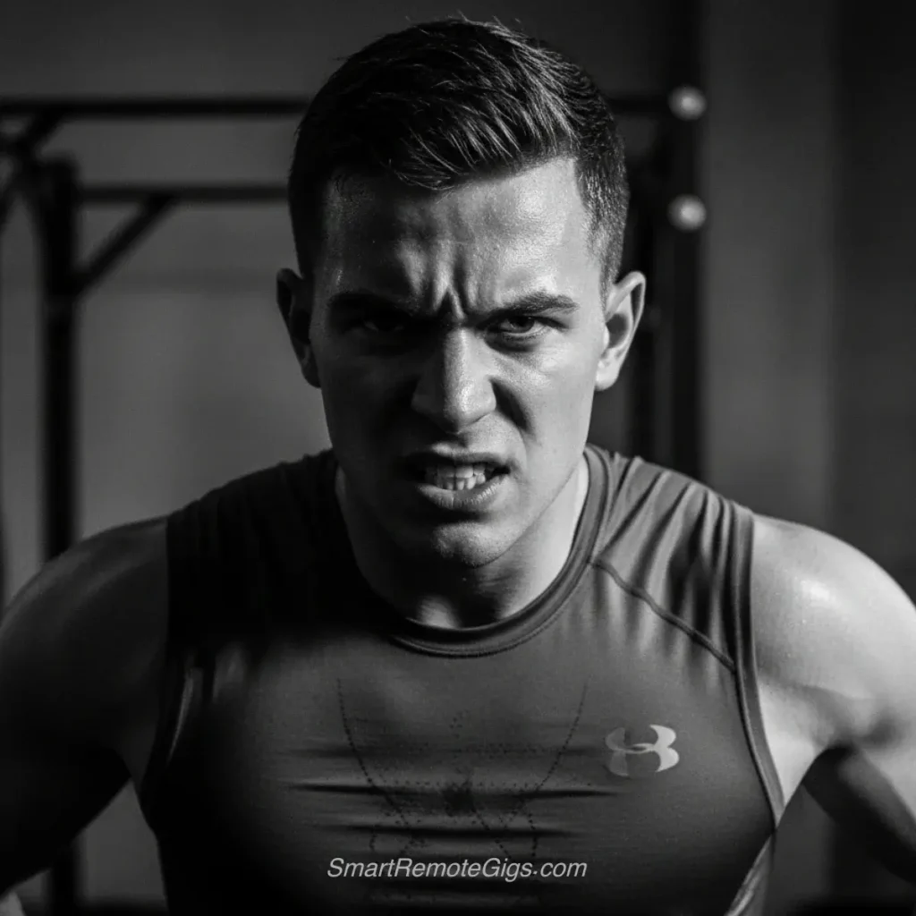 AI art example of a high-contrast, black and white close-up portrait of an athlete with an intense expression.