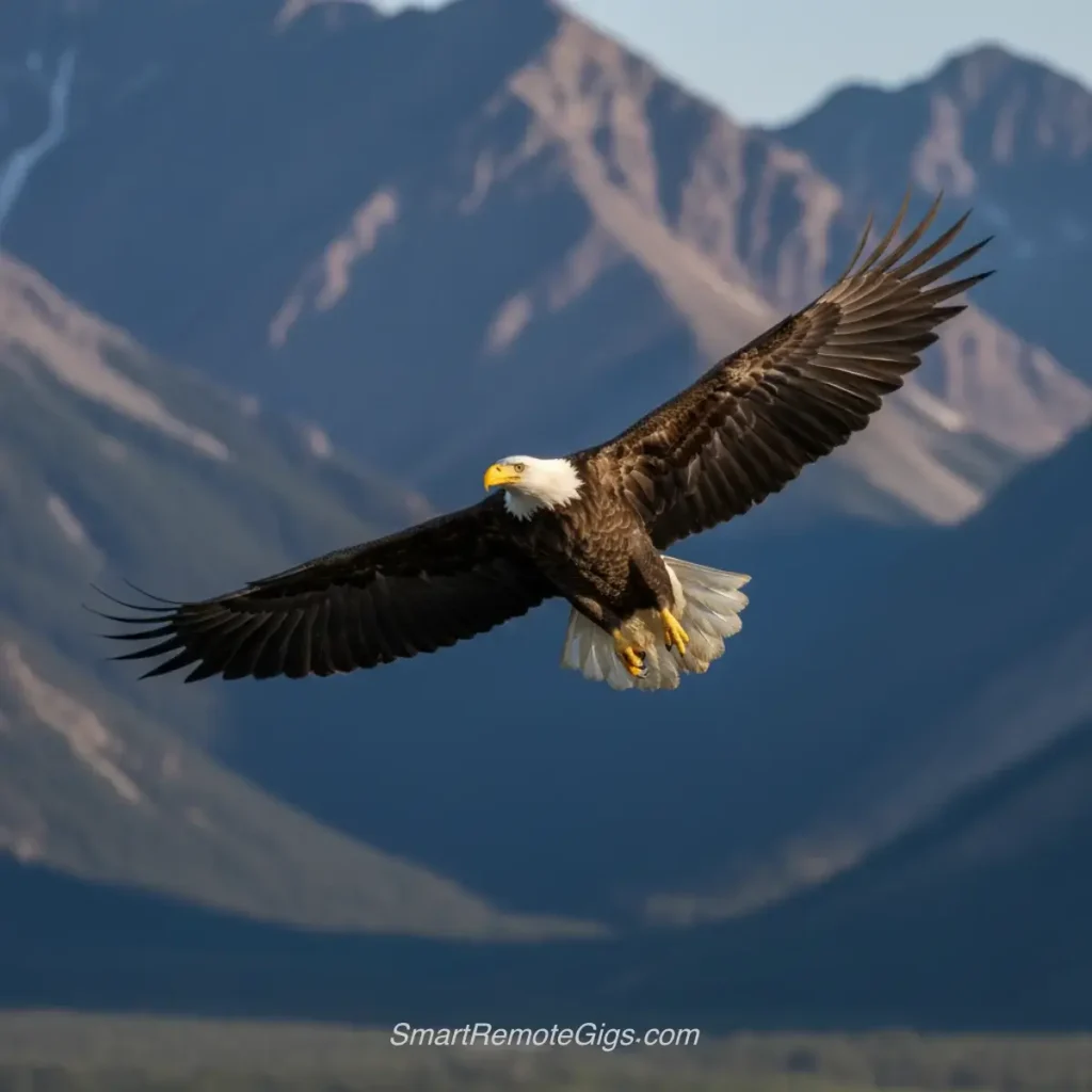 AI art example of a sharp, telephoto wildlife photograph of a majestic bald eagle in flight against a mountain backdrop.