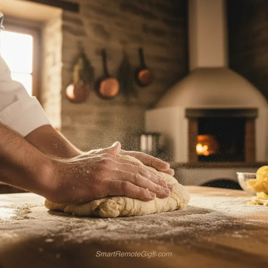 AI art example of a food photography shot of a chef's hands kneading pasta dough in a rustic kitchen.