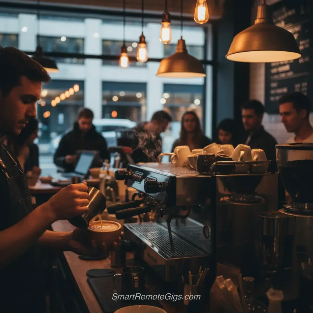 AI art example of a candid, street photography style scene in a busy coffee shop with a barista making latte art.