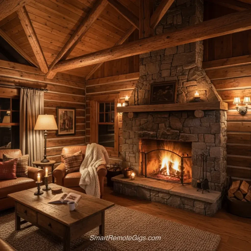 AI art example of interior design photography of a cozy, rustic cabin interior with a warm fireplace.