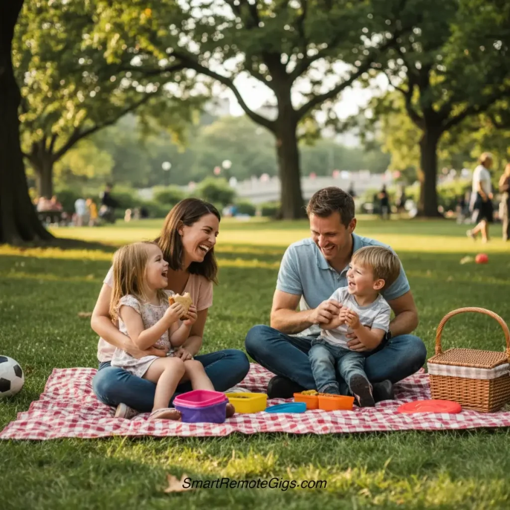 AI art example of a documentary-style photo of a family laughing on a picnic blanket in a sunlit park.