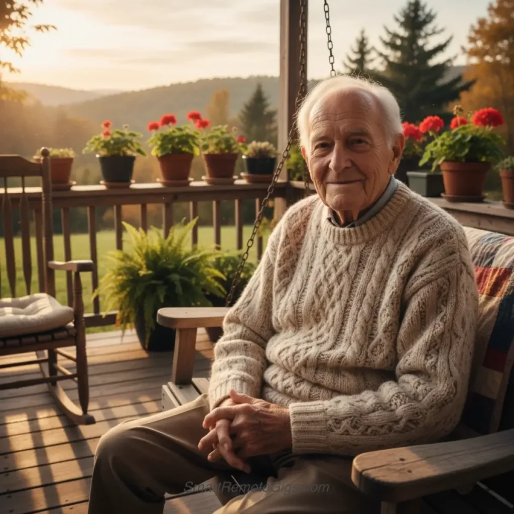 AI art example of a warm, nostalgic environmental portrait of an elderly grandfather on a wooden porch at golden hour.