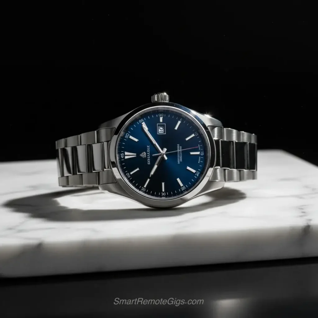 AI art example of a professional studio product photo of a luxury watch on a marble surface with dramatic lighting.