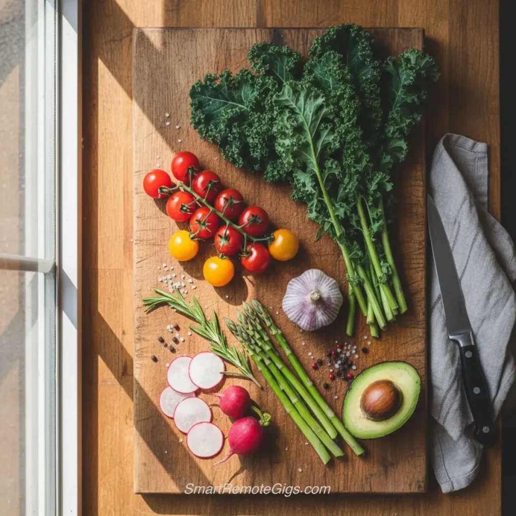 AI art example of an overhead food styling shot of fresh organic vegetables on a wooden cutting board.