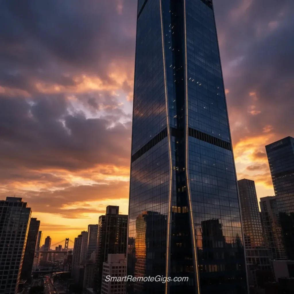 AI art example of architectural photography showing a modern glass skyscraper reflecting a sunset, from a low angle.