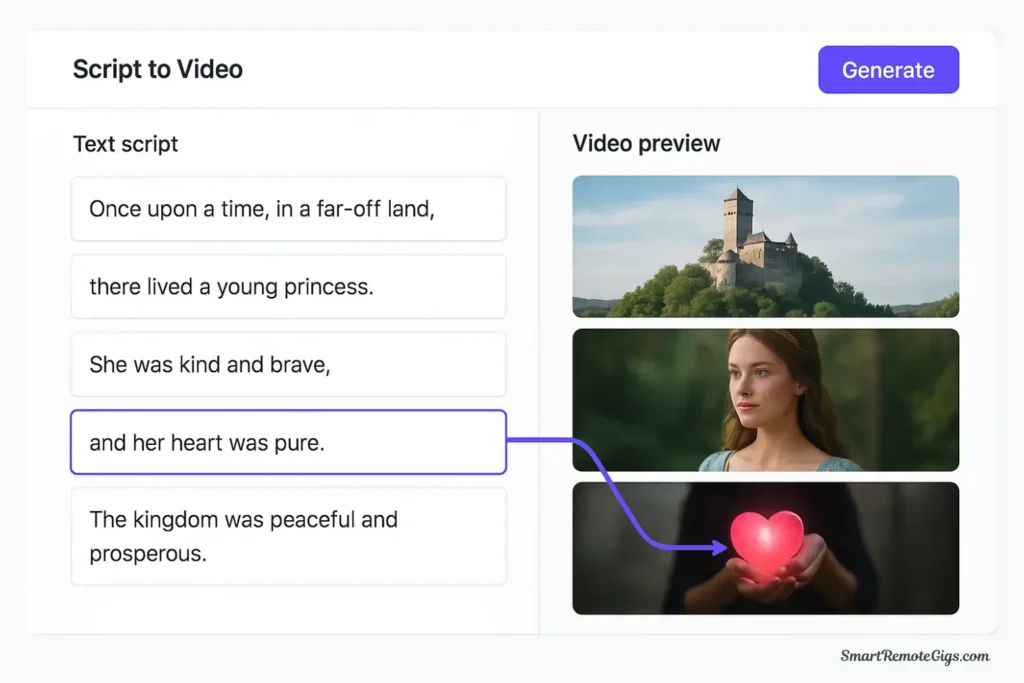 A screenshot of the Pictory AI platform, showing how a script is automatically matched with relevant stock video clips to assemble a faceless video.