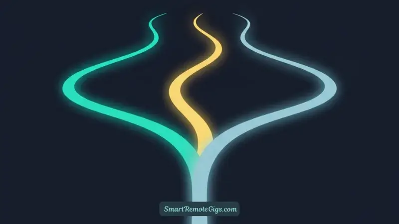 An illustration showing a single path splitting into three distinct, glowing pathways, symbolizing the choice between different remote career strategies.