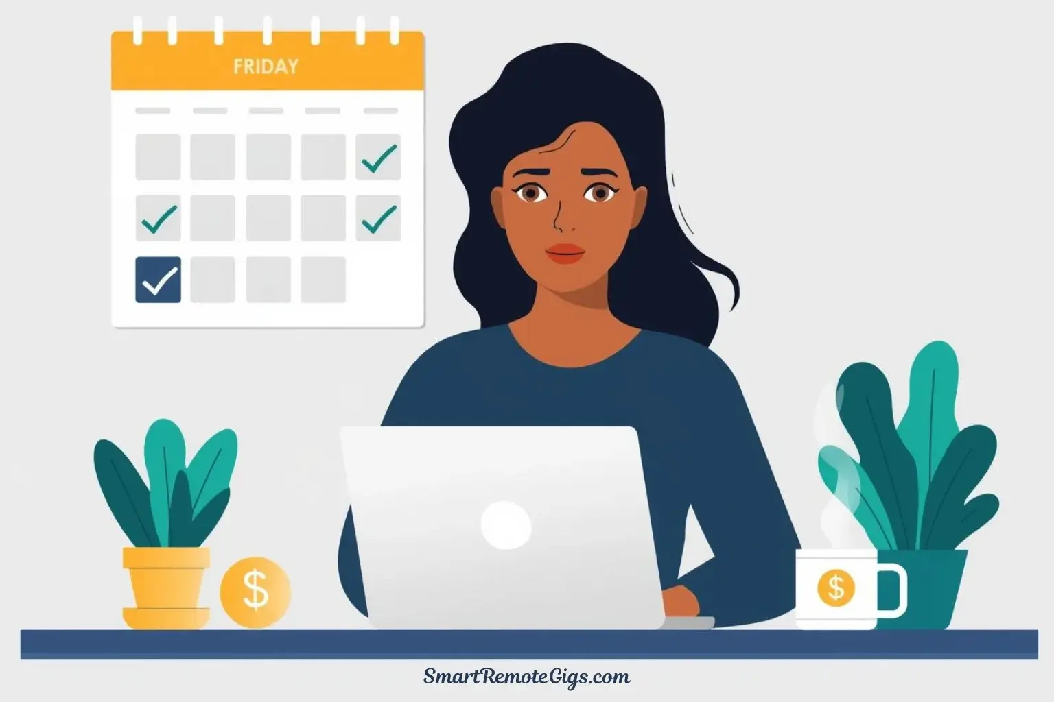 A professional working remotely on a laptop with a digital calendar showing weekly paychecks highlighted, in a clean, modern home office setting.