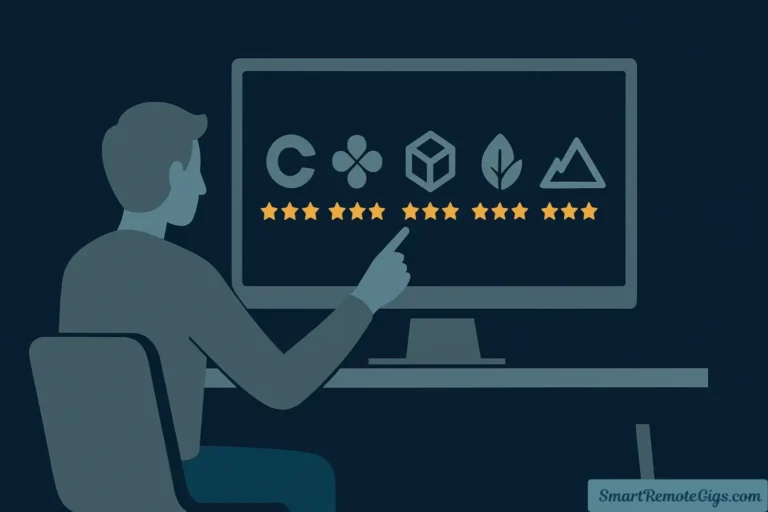 An illustration of a person at a desk analyzing five different transcription platforms on a screen, with star ratings and checkmarks, to find the best option.