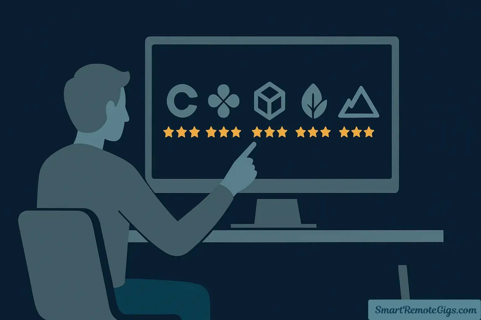 An illustration of a person at a desk analyzing five different transcription platforms on a screen, with star ratings and checkmarks, to find the best option.