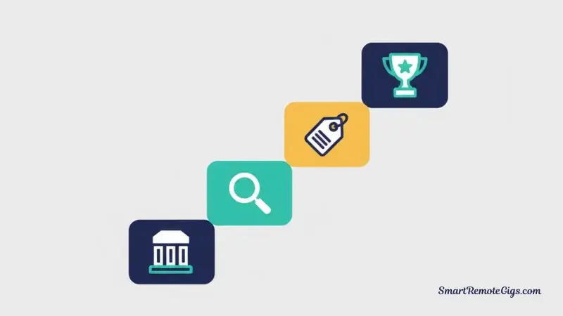 An illustration of a staircase with four steps, each labeled with an icon representing a stage of career growth from 'Foundation' to 'Expert.'
