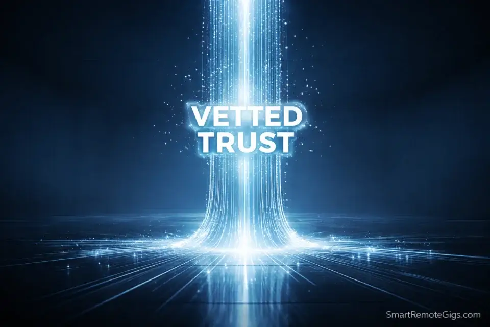 A 3D visualization of trust and reliability represented as a glowing digital pillar in a high-tech environment.