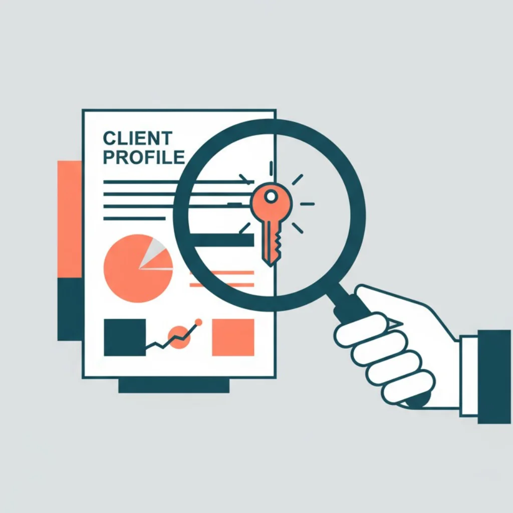 Illustration of a magnifying glass revealing a key on a client profile, symbolizing research for a freelance cold pitch.