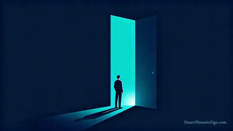 An illustration of a person facing a narrow, tall doorway with a keyhole, symbolizing the selective and challenging application process for Rev.com.