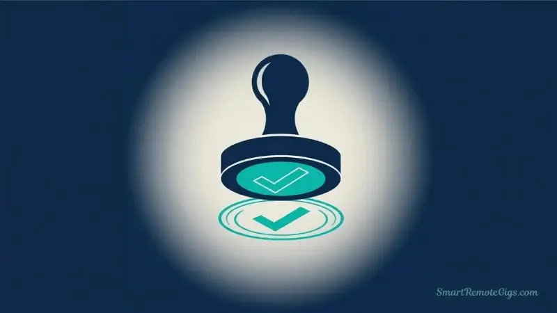 An illustration of a large rubber stamp pressing down on a document, leaving a clear 'LEGITIMATE' mark with a checkmark, verifying Rev.com's legitimacy.