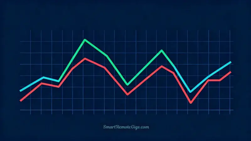 An illustration of a volatile line graph that goes up and down sharply, symbolizing the realistic and inconsistent earnings potential on Rev.com.