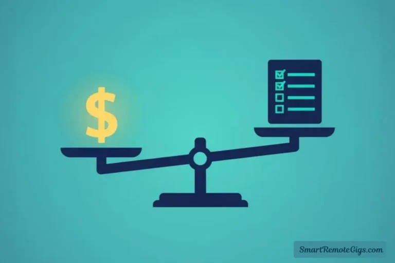 An illustration of a balanced scale with a dollar sign on one side and a strict rule book on the other, representing an honest review of Rev.com's pros and cons.