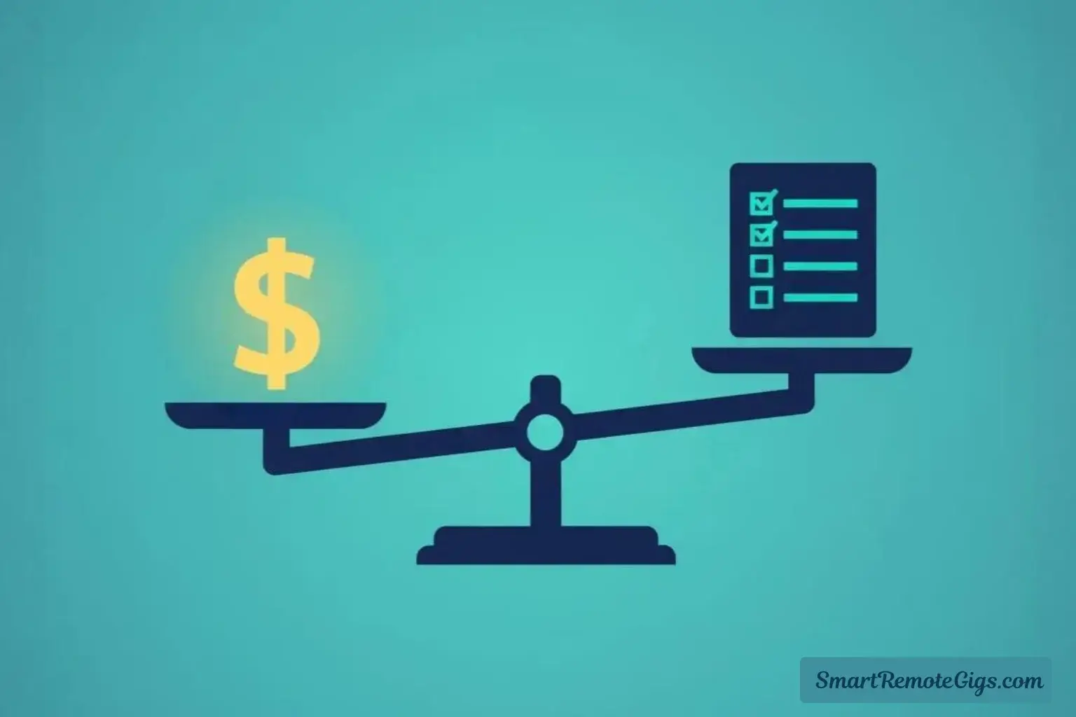 An illustration of a balanced scale with a dollar sign on one side and a strict rule book on the other, representing an honest review of Rev.com's pros and cons.