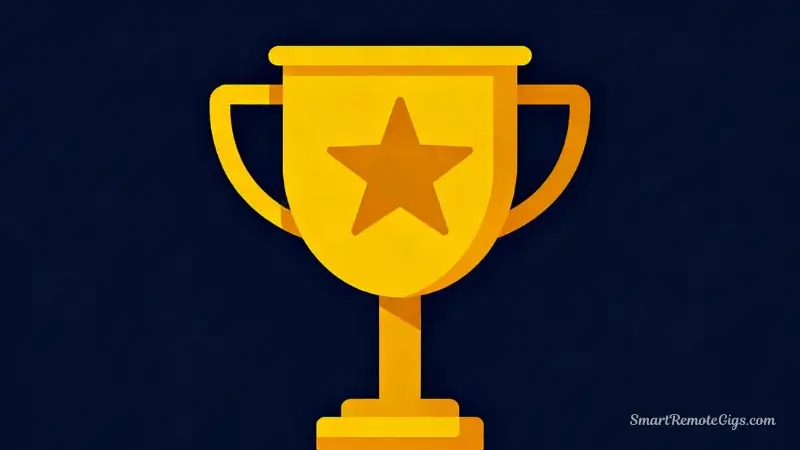 An illustration of a trophy with a star on it, symbolizing Rev.com's position as a top-tier, high-quality transcription platform.