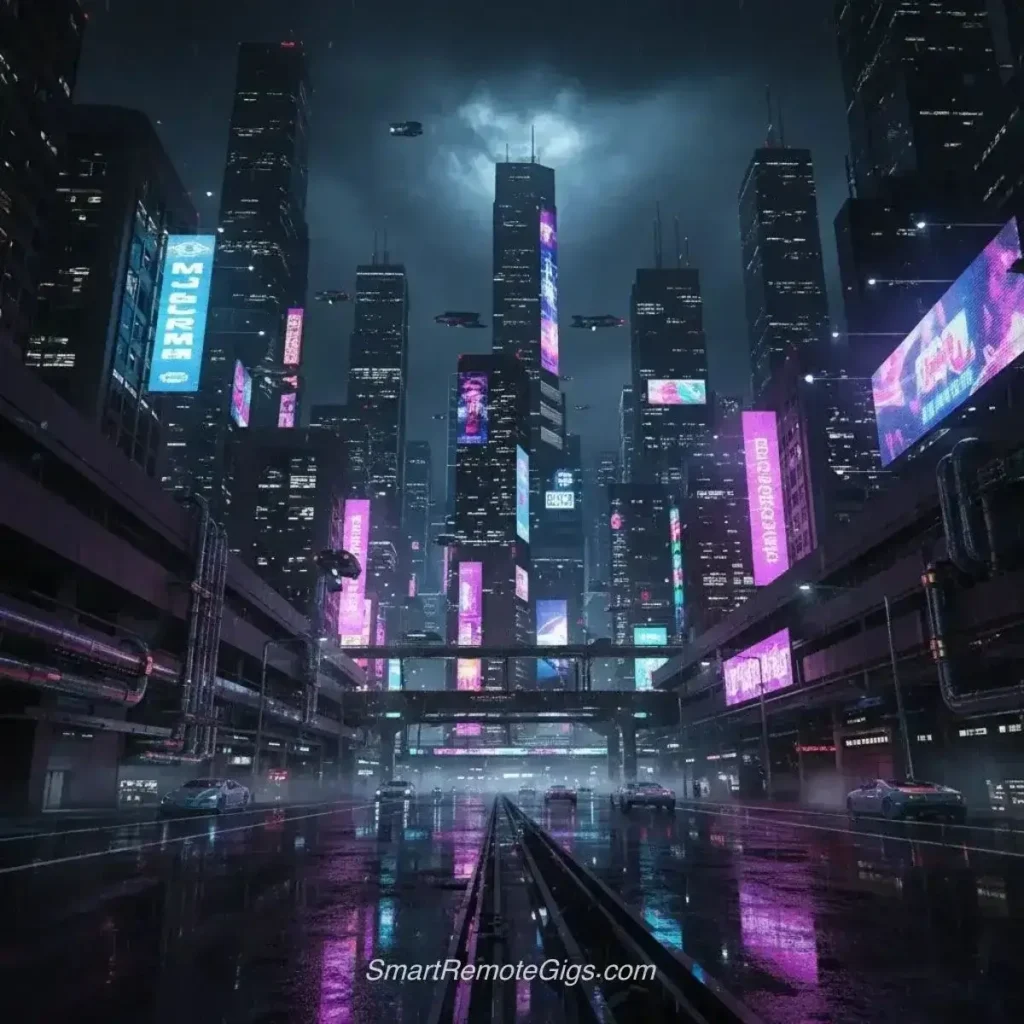 AI art example of a cyberpunk city skyline at night with flying cars and neon lights reflecting on wet streets.