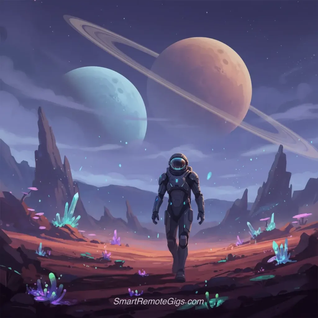 AI art example of science fiction concept art showing a space explorer on an alien planet with two moons.