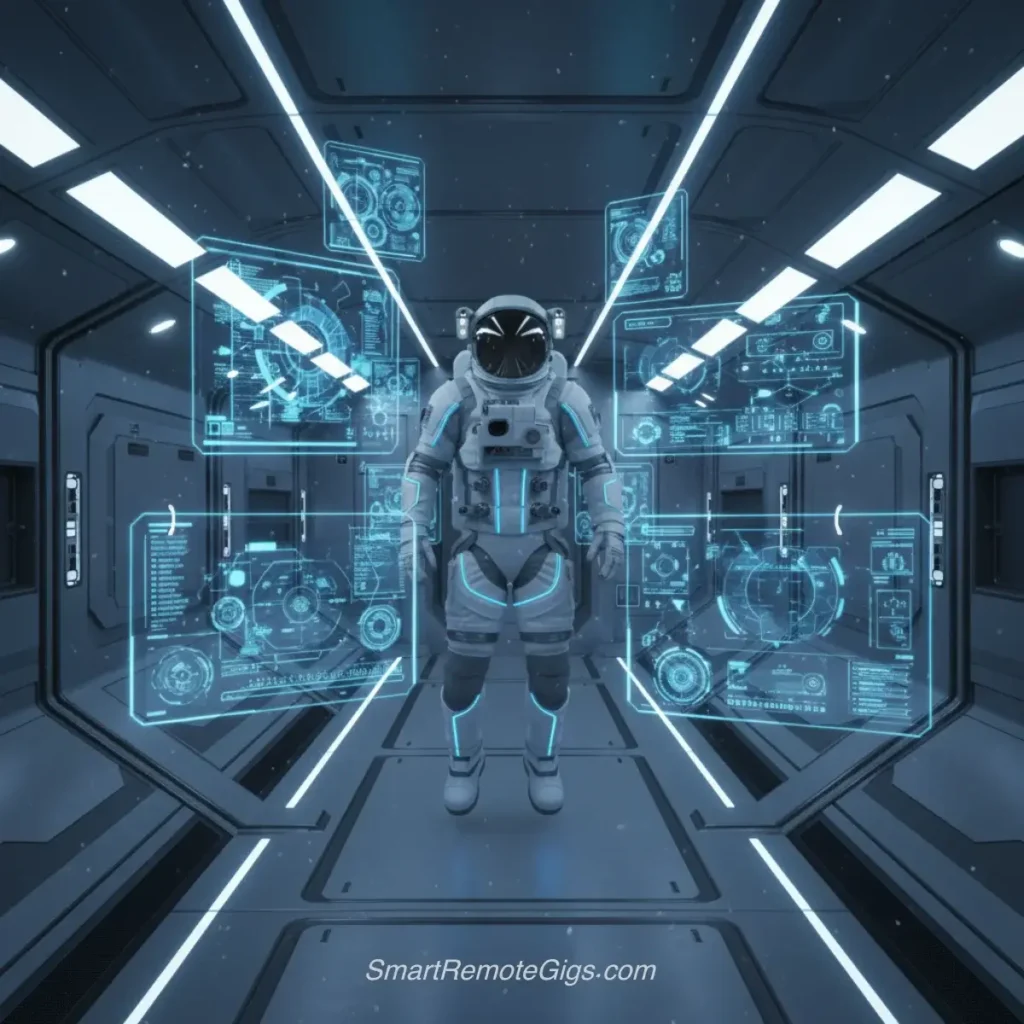 AI art example of a science fiction movie still of a sleek spaceship interior with holographic control panels.