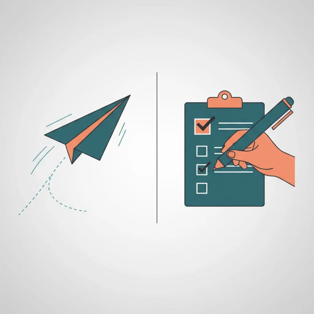 An illustration showing the final step of a freelance cold pitch: sending the email and tracking it on a checklist.