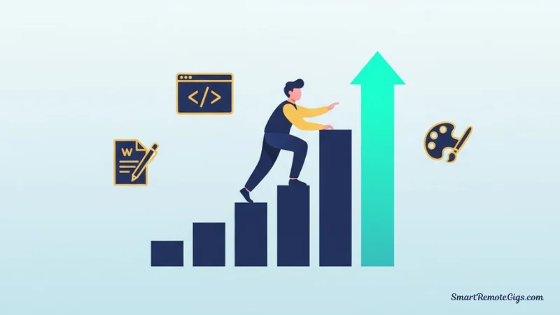An illustration of a professional confidently climbing a bar chart that points upwards, symbolizing career growth and higher earnings in skilled remote work.