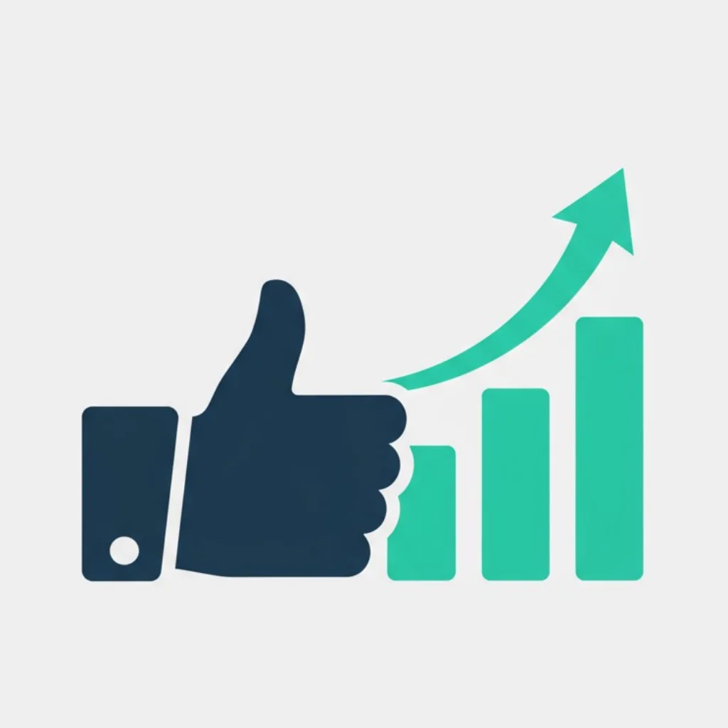 A minimalist icon of a 'like' thumb-up symbol next to a rising bar chart, representing social media growth.