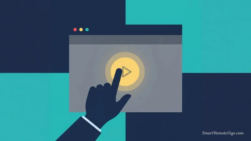 An illustration of a person pressing a large "Apply Now" button on a screen, ready to start their remote work career.