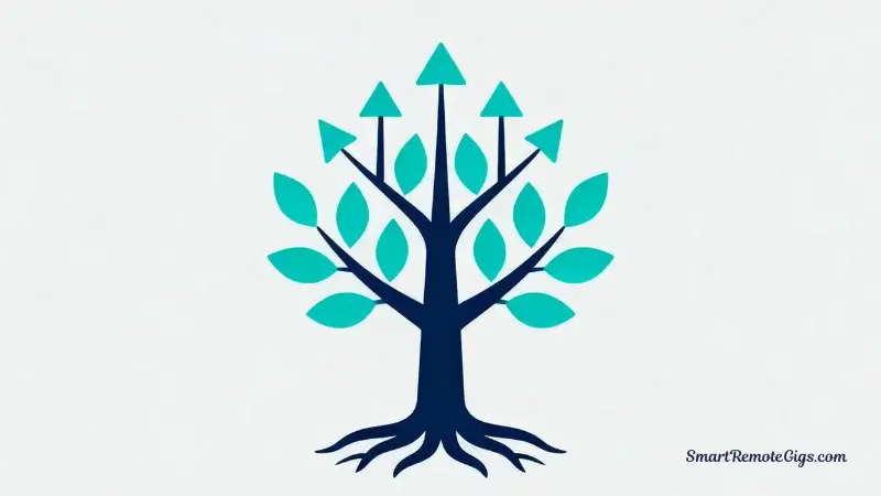 An illustration of a healthy, growing tree with its roots forming a stable base, symbolizing a sustainable and diversified remote income.