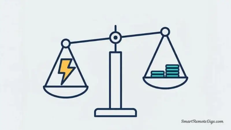 An illustration of a balanced scale with a lightning bolt on one side and a smaller stack of coins on the other, symbolizing the trade-off between speed and pay.