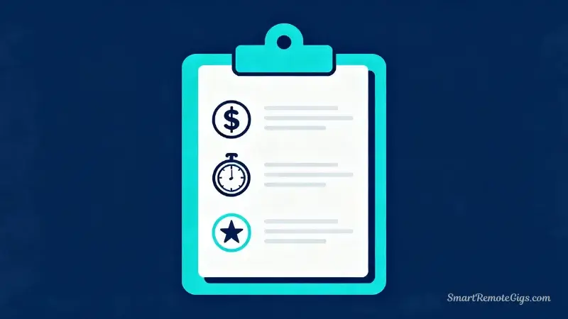An illustration of a clipboard with a checklist showing icons for a dollar sign (pay), a clock (speed), and a star (quality), representing review criteria.