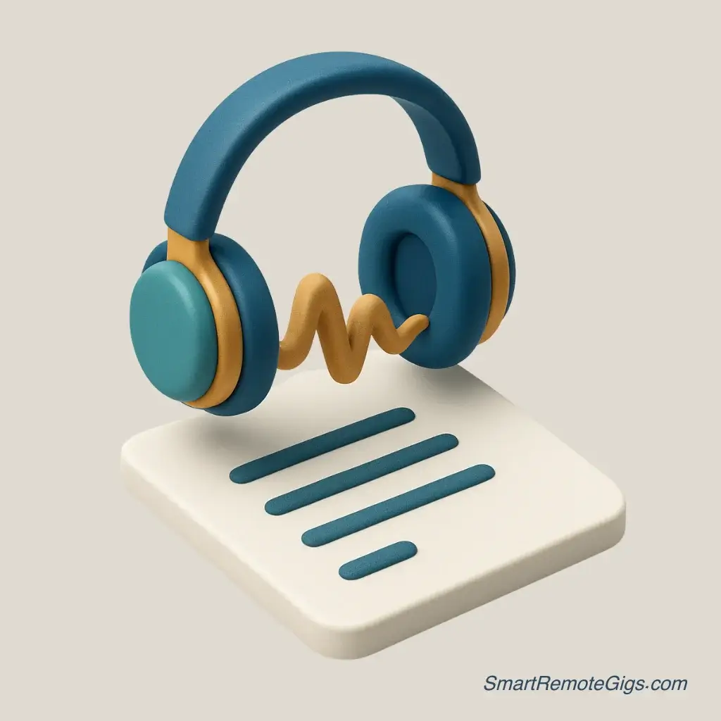 3D icon of headphones next to a document with sound waves entering it, for a transcriptionist.